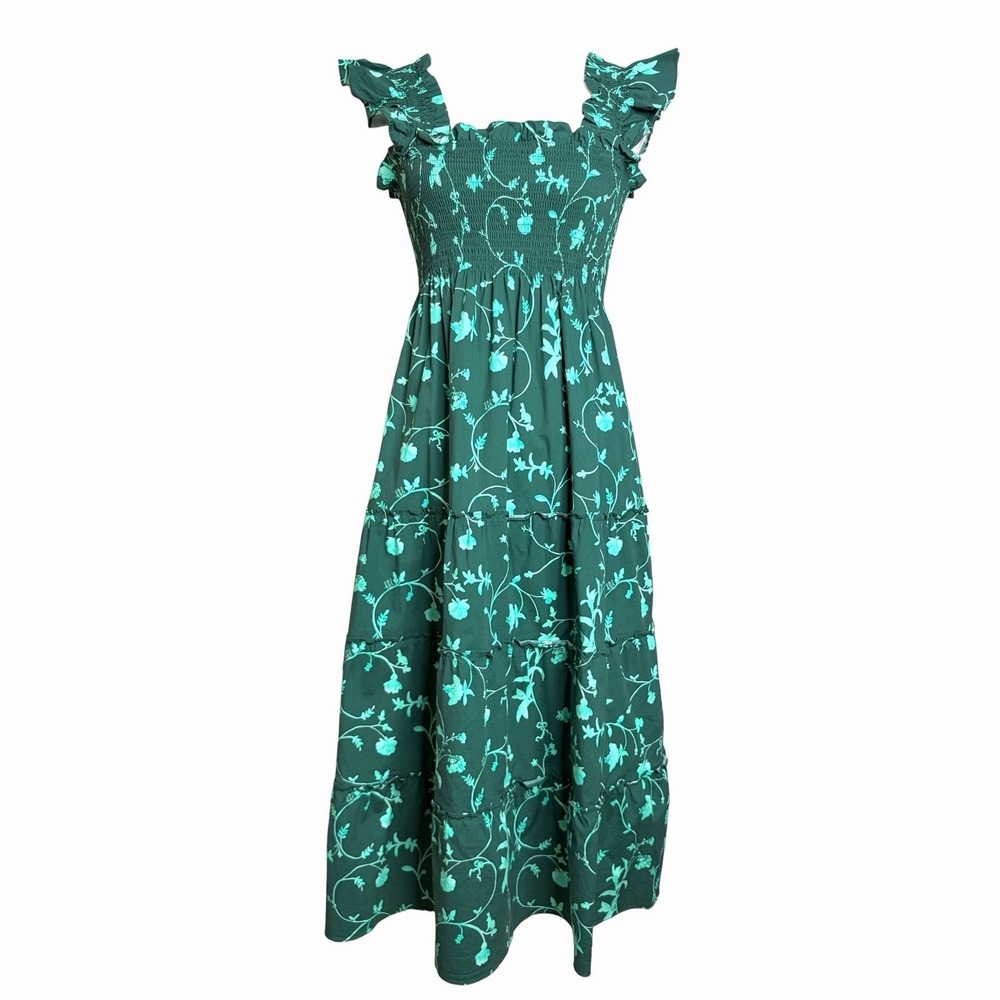 Hill House Home Nap Dress M Green Botanical Smocked Preppy Resort Cotton Midi - Picture 3 of 7